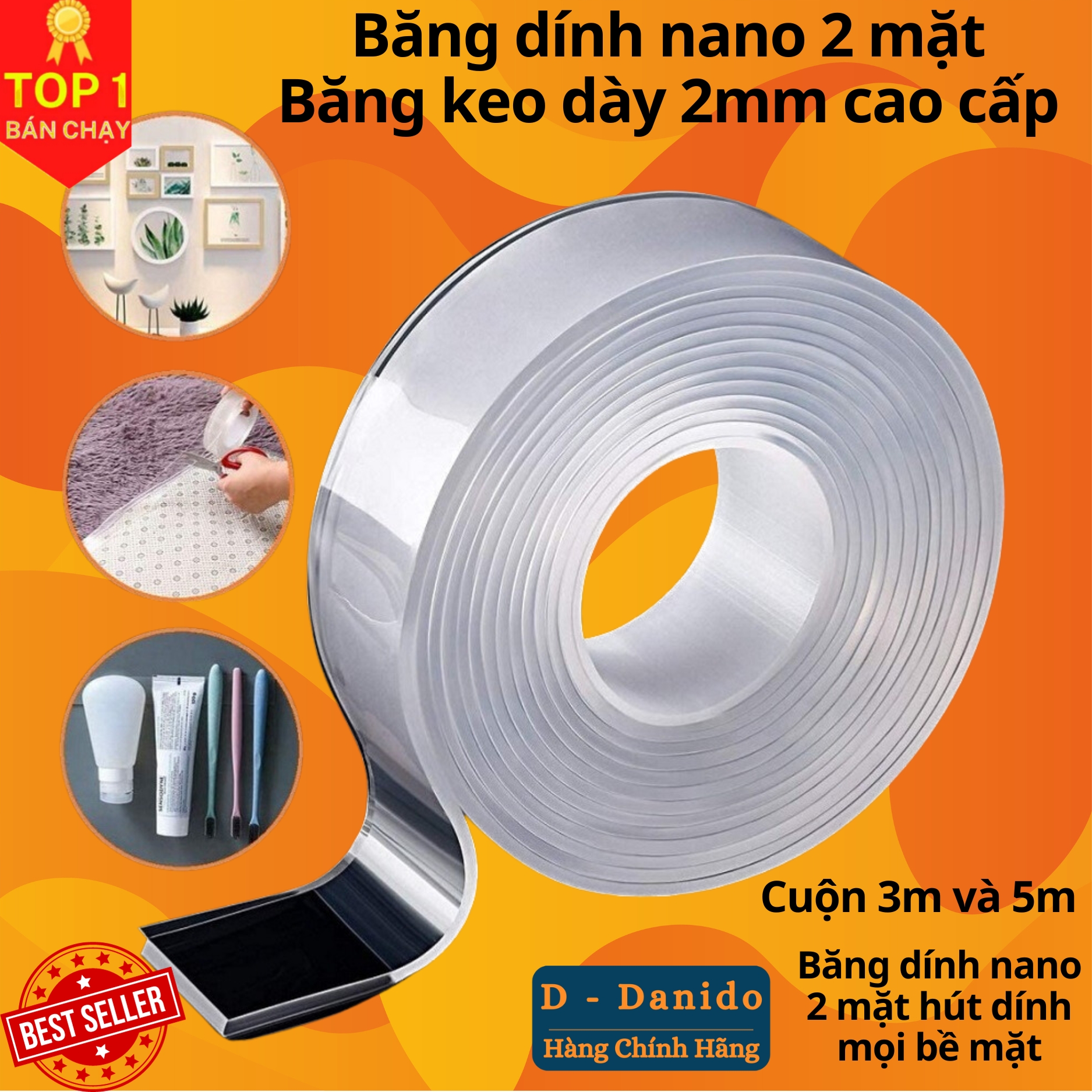 Băng dính nano 2 mặt trong suốt siêu dính, Băng dính hai mặt đa năng siêu dày 2mm loại dài 3m và 5m - Hàng cao cấp chính hãng D Danido