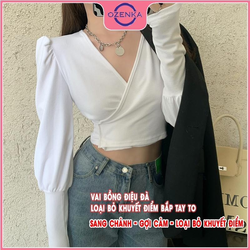 Áo croptop cổ v vai bồng tay dài nữ OZENKA crt ôm body vải thun gân 100% cotton cho người bắp tay to dưới 50 kg