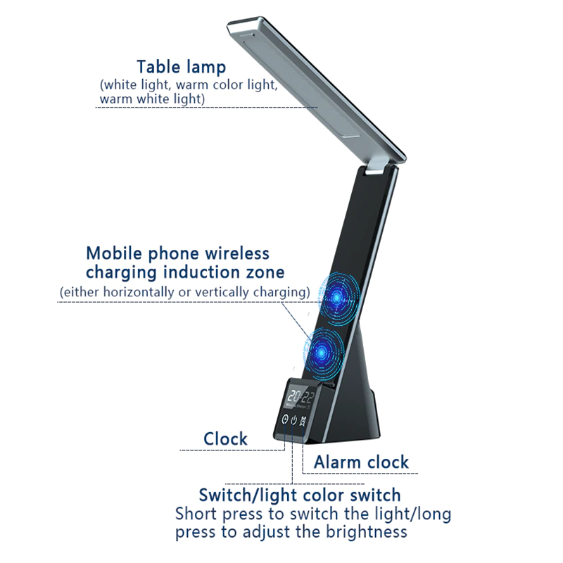 Đèn LED để bàn đa năng 3 Trong 1, sạc nhiều thiết bị cùng lúc kiêm đồng hồ để bàn
