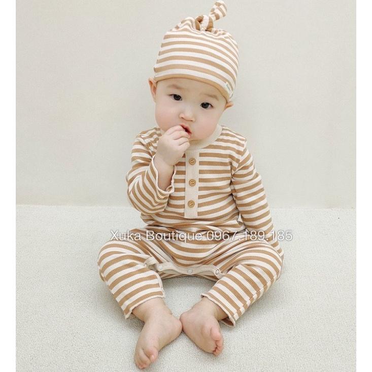 Bodysuit Dài Tay Kèm Mũ/Tuban Kẻ Ngang Cao Cấp Cho Bé 0-2 Tuổi Style Hàn Quốc, Body Sơ Sinh Cotton, Chất Thực Sự Cực Đẹp