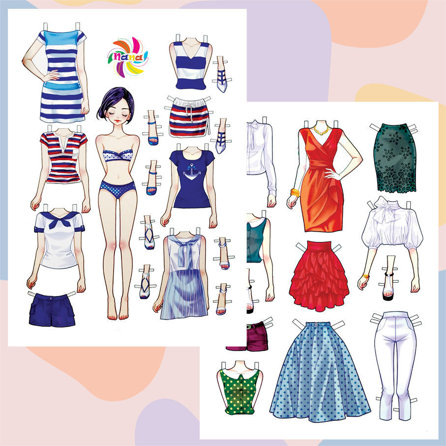 Búp bê giấy ( paper doll ) thay đồ thời trang đồ chơi cắt thủ công cho bé Combo 6 hình siêu đáng yêu MHG008