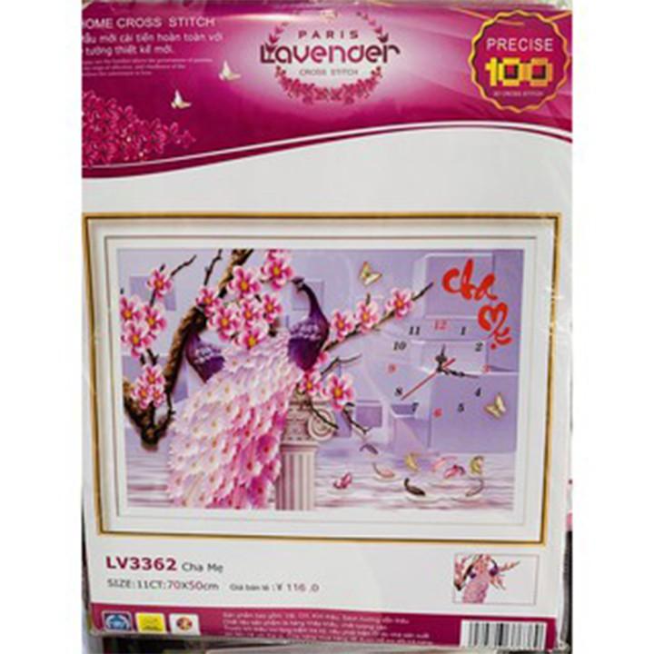 Tranh thêu cha mẹ công tím hoa mai đồng hồ LV3362 - kích thước: 70 * 50cm.