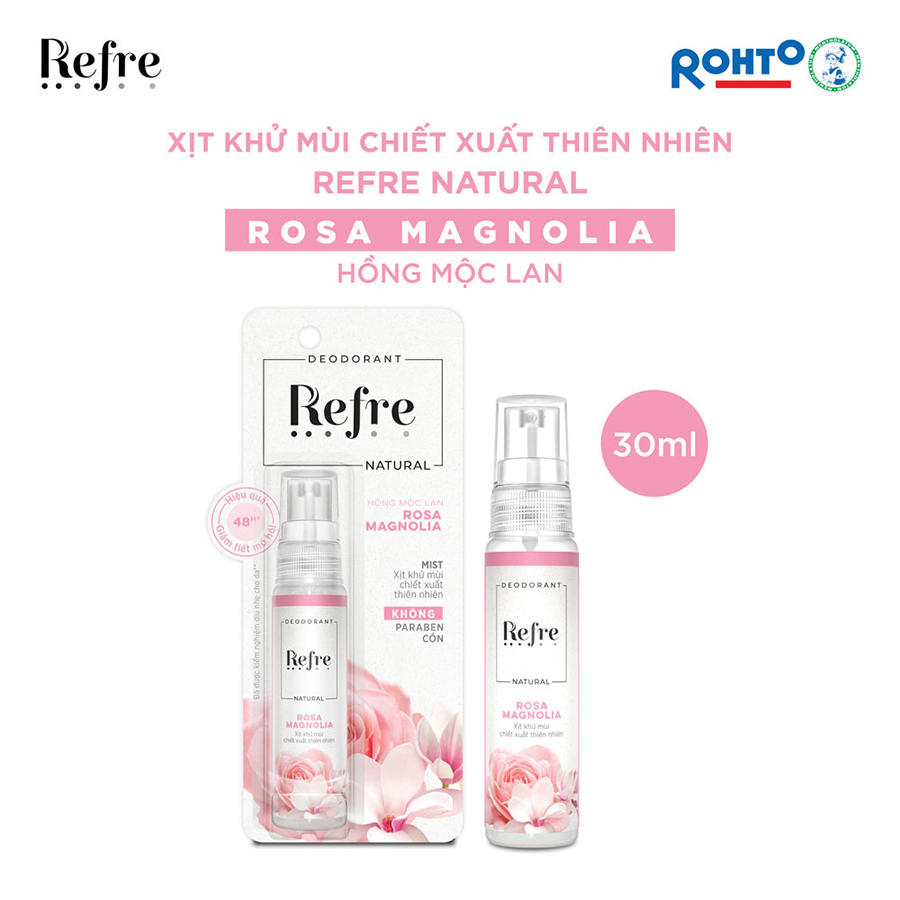 Xịt Khử Mùi Chiết Xuất Thiên Nhiên Refre Natural Rosa Magnolia – Hồng Mộc Lan 30ml