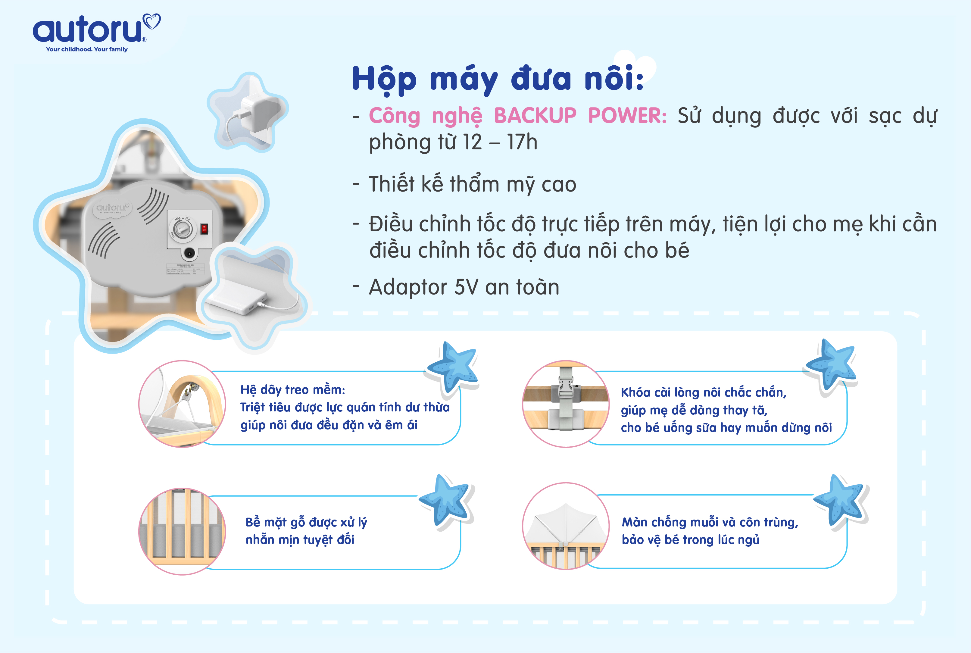 Nôi Gỗ Tự Động E4 - Nôi điện em bé đưa tự động bằng gỗ cao cấp - Thương hiệu Autoru. Bảo hành 12 tháng