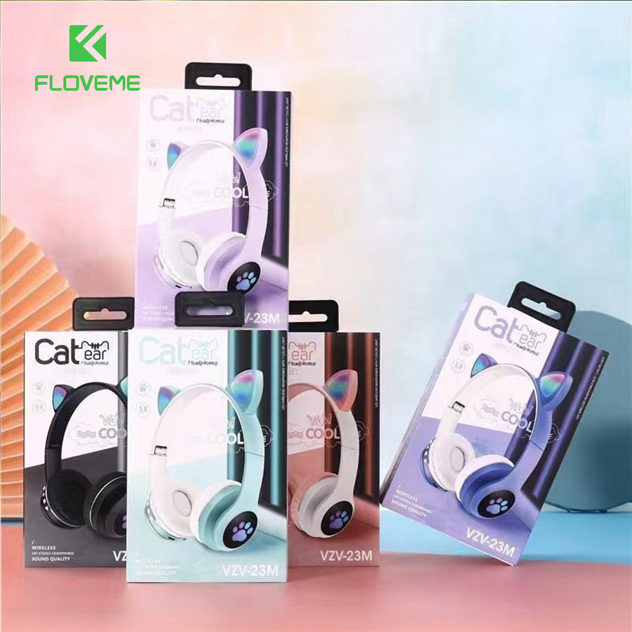 Tai nghe mèo FLOVEME VZV 23M – Có đèn led – Kết nối bluetooth 5.0 - headphone có micro – hỗ trợ điều chỉnh âm lượng – Có cổng AUX - Hàng chính hãng