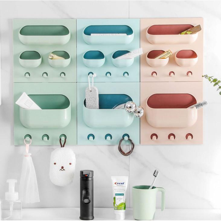 Kệ đựng dán tường tiện dụng 3 ô kèm móc treo