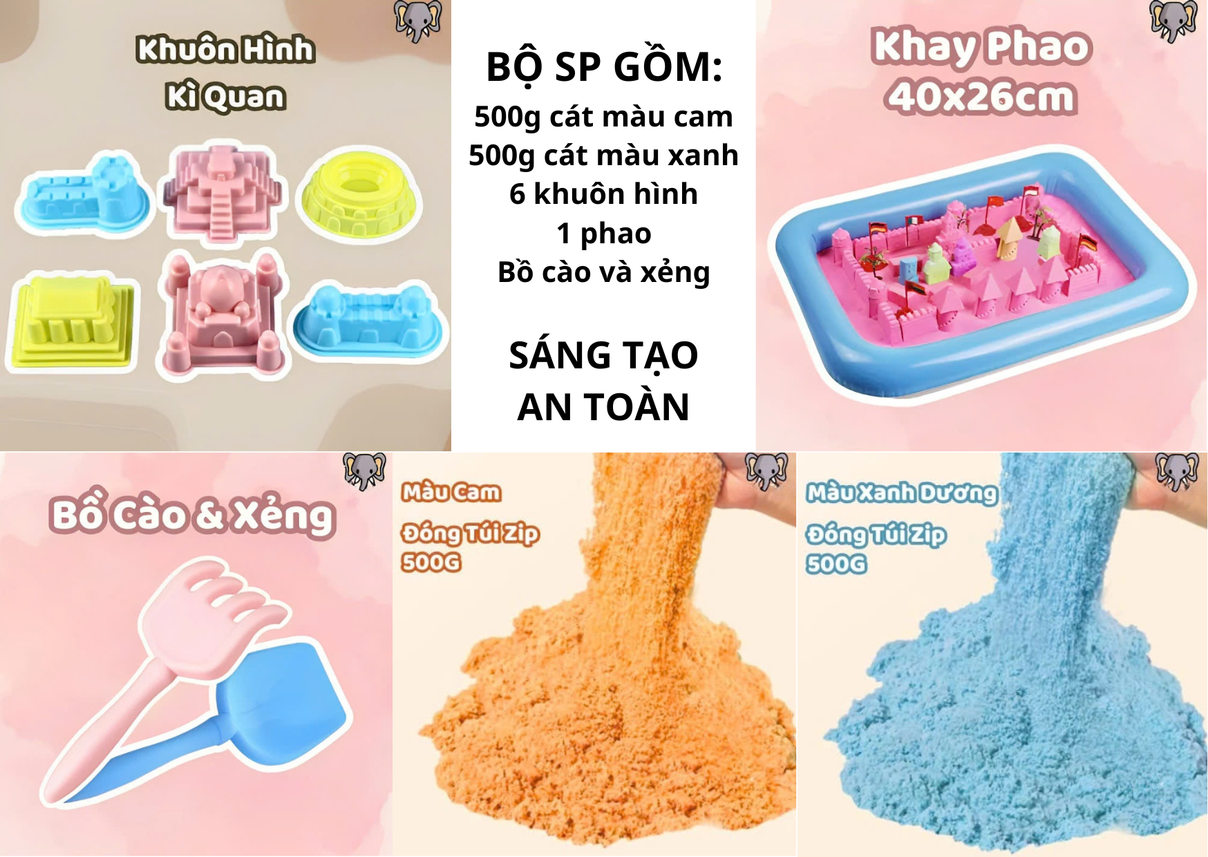 COMBO 1 kg Cát Động Lực Cát Nặn Cát Vi Sinh GỒM: 500g cát màu cam 500g cát màu xanh 6 khuôn hình 1 phao Bồ cào và xẻng SÁNG TẠO AN TOÀN PHÁT TRIỂN TOÀN DIỆN Cho Bé Trẻ Em Đất Nặn