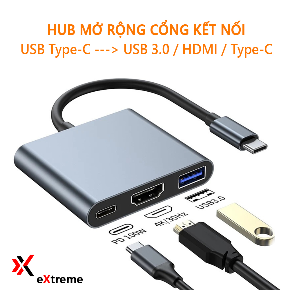 Bộ Chuyển Đổi eXtreme HL3101 Mở Rộng HUB Type-C Sang HDMI USB 3.0 và Type-C Tương Thích Macbook Window - Hợp Kim Nhôm - Hàng chính hãng