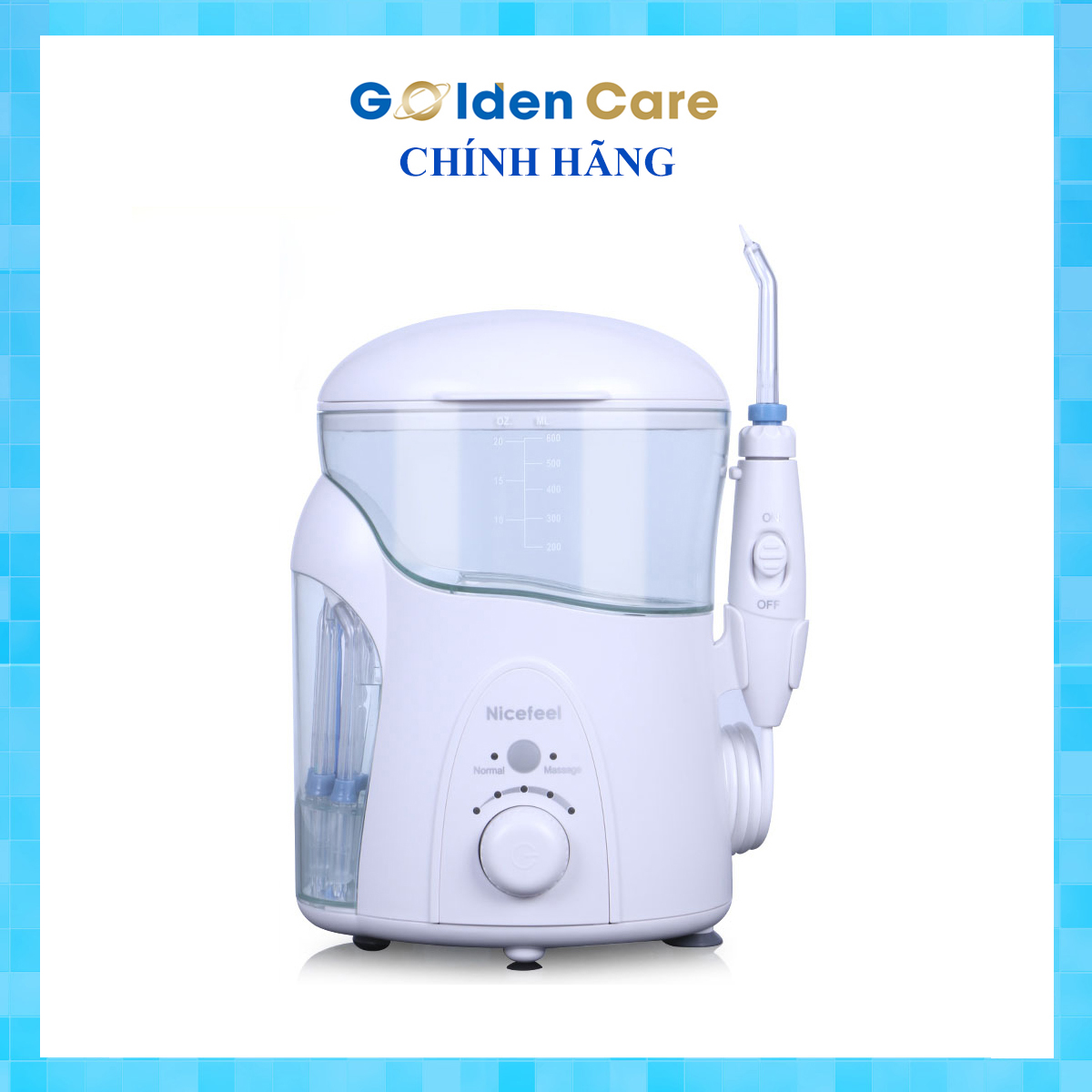 Máy tăm nước gia đình Nicefeel FC288W có chức năng massage, hộp đựng đầu phun bên hông máy không có tia UV