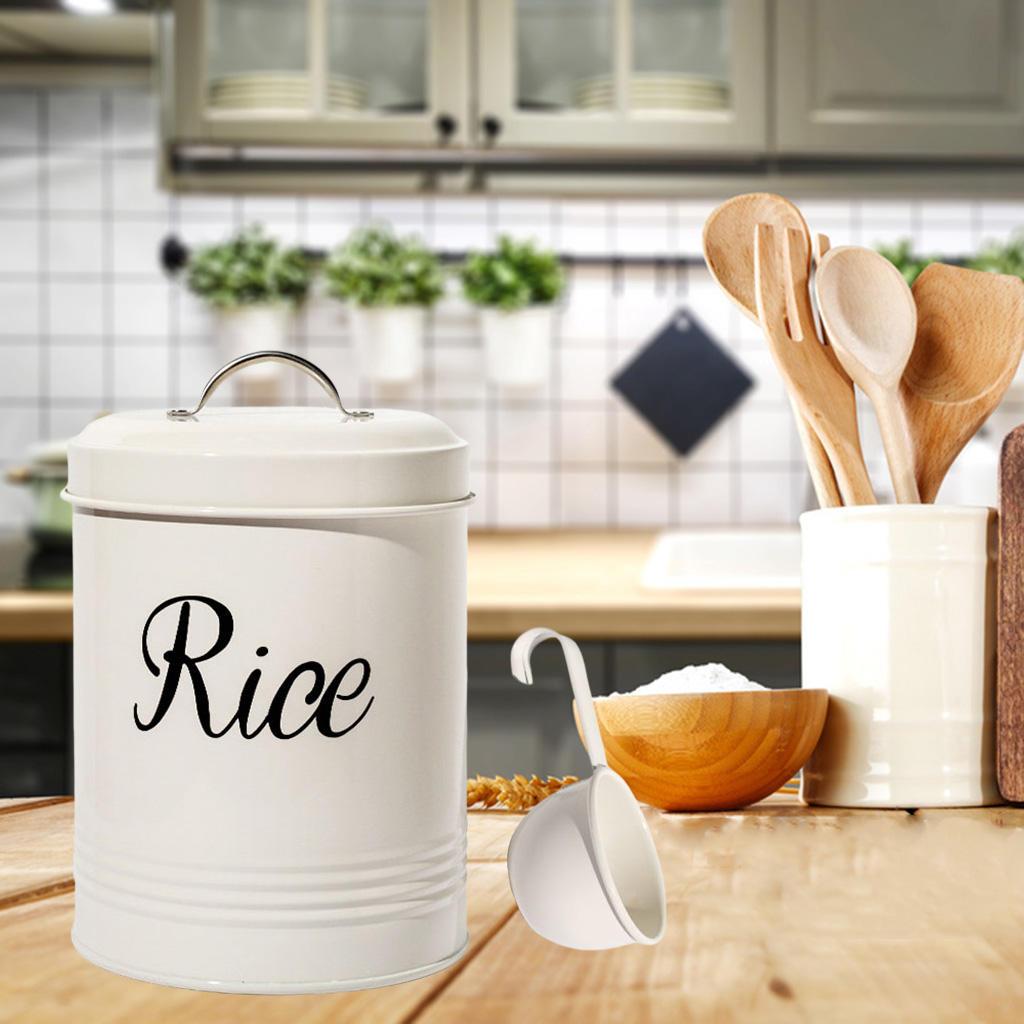 Rustic White Metal Kitchen Food Rice Storage Tin Jar 3L Container with Lid