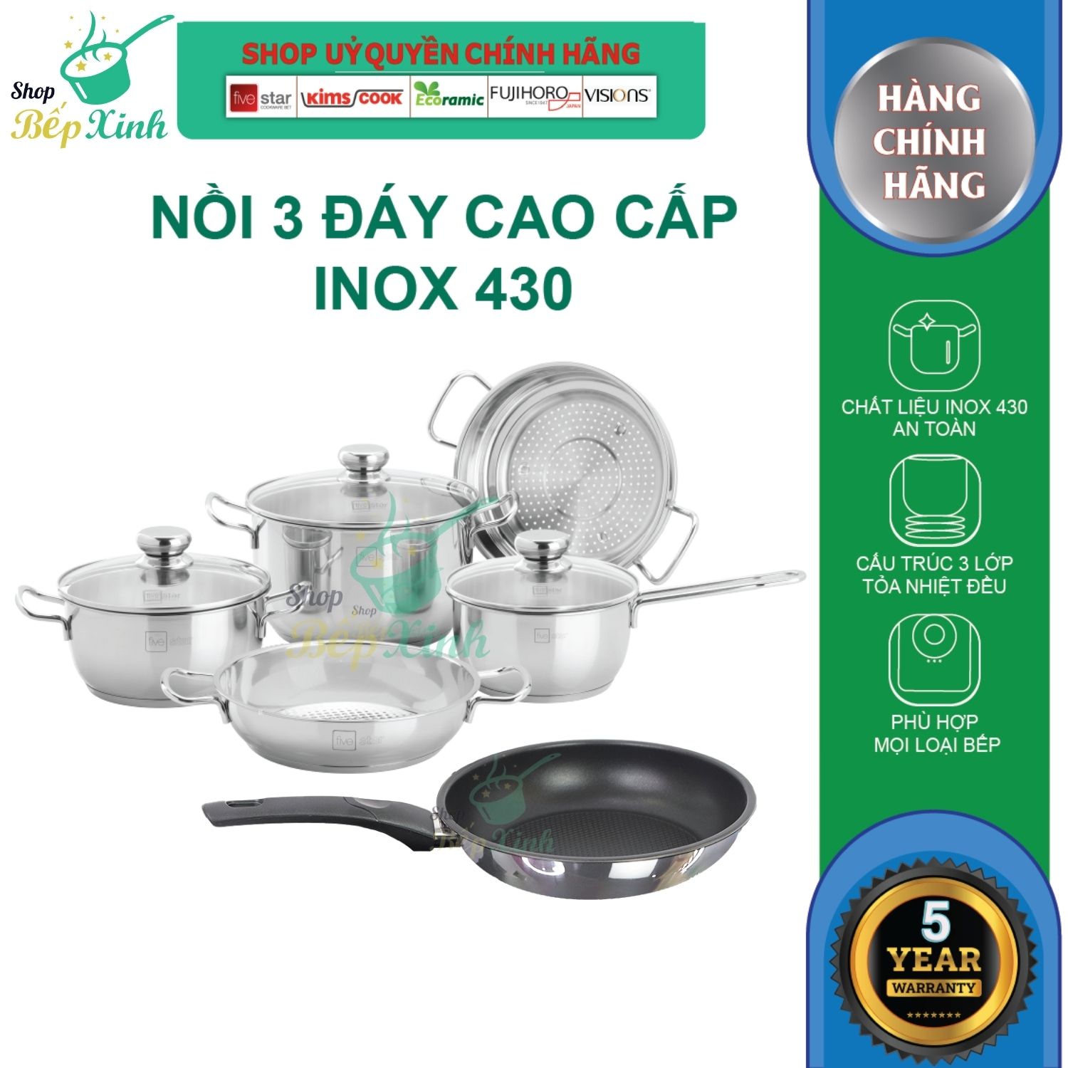 Bộ nồi inox FIVESTAR 6 chiếc nắp kính 3 đáy dùng được bếp từ ,hồng ngoại , gas