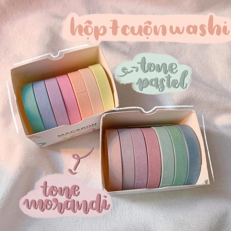 Set 7 Cuộn Washi Tape màu Pastel - Hộp 7 Cuộn Băng Dính màu Pastel mini