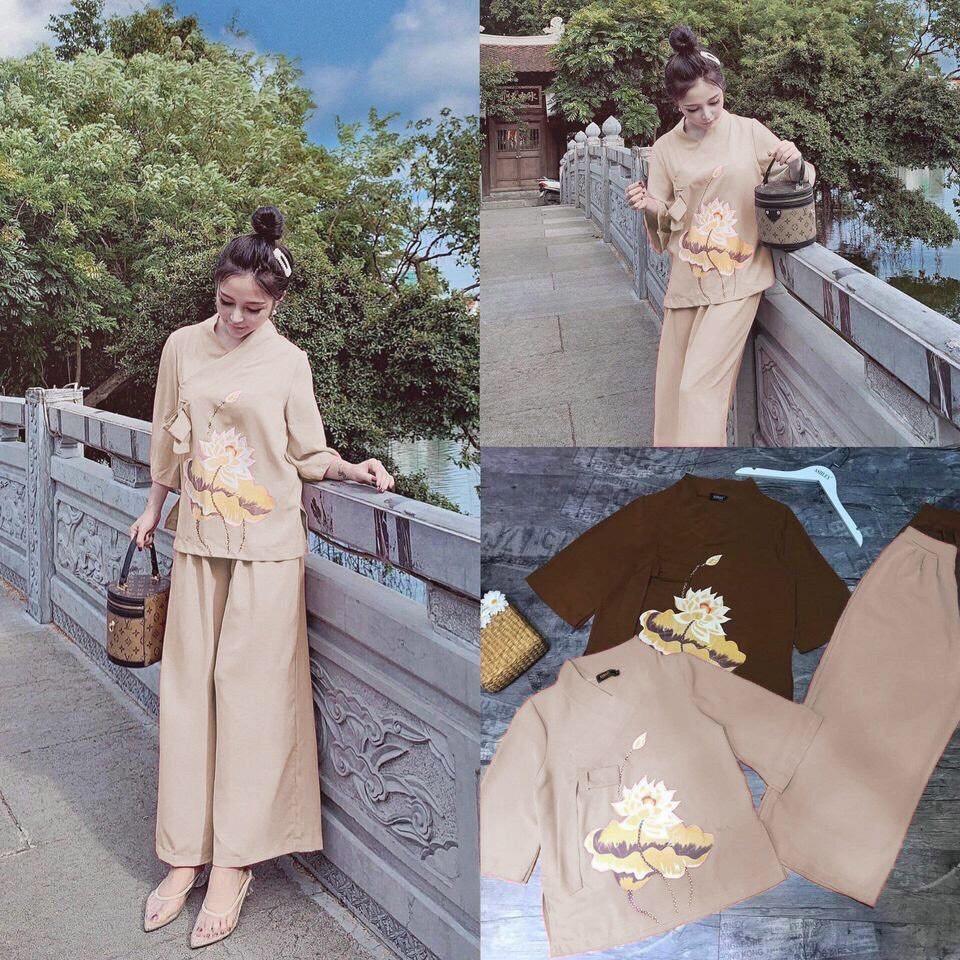 ĐỒ LAM ĐI CHÙA PHỐI HOA SEN THÊU CAO CẤP d6