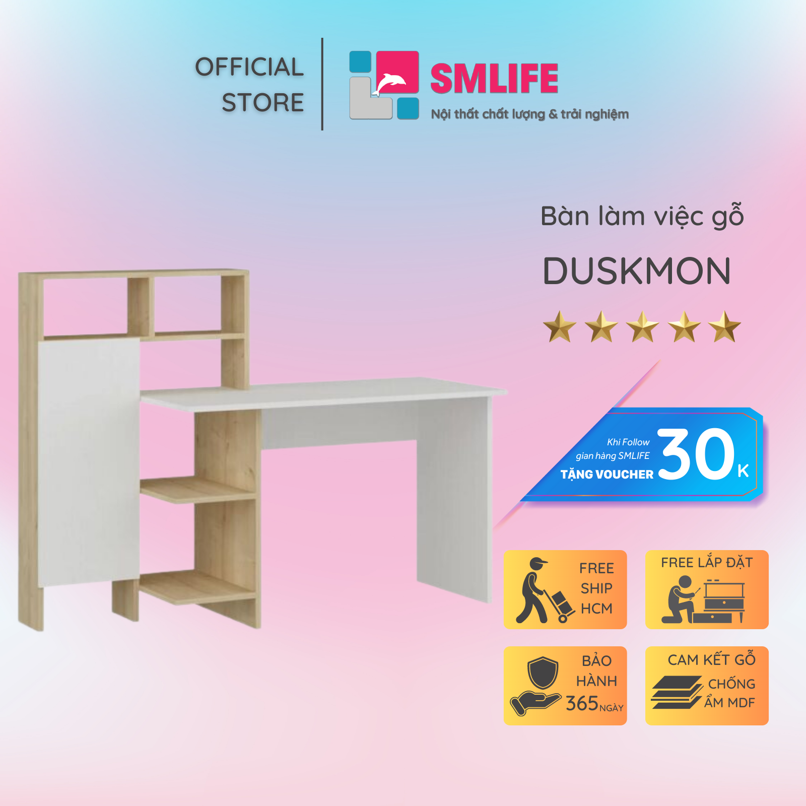 Bàn liền giá sách đa dạng thiết kế đẹp SMLIFE Duskmon