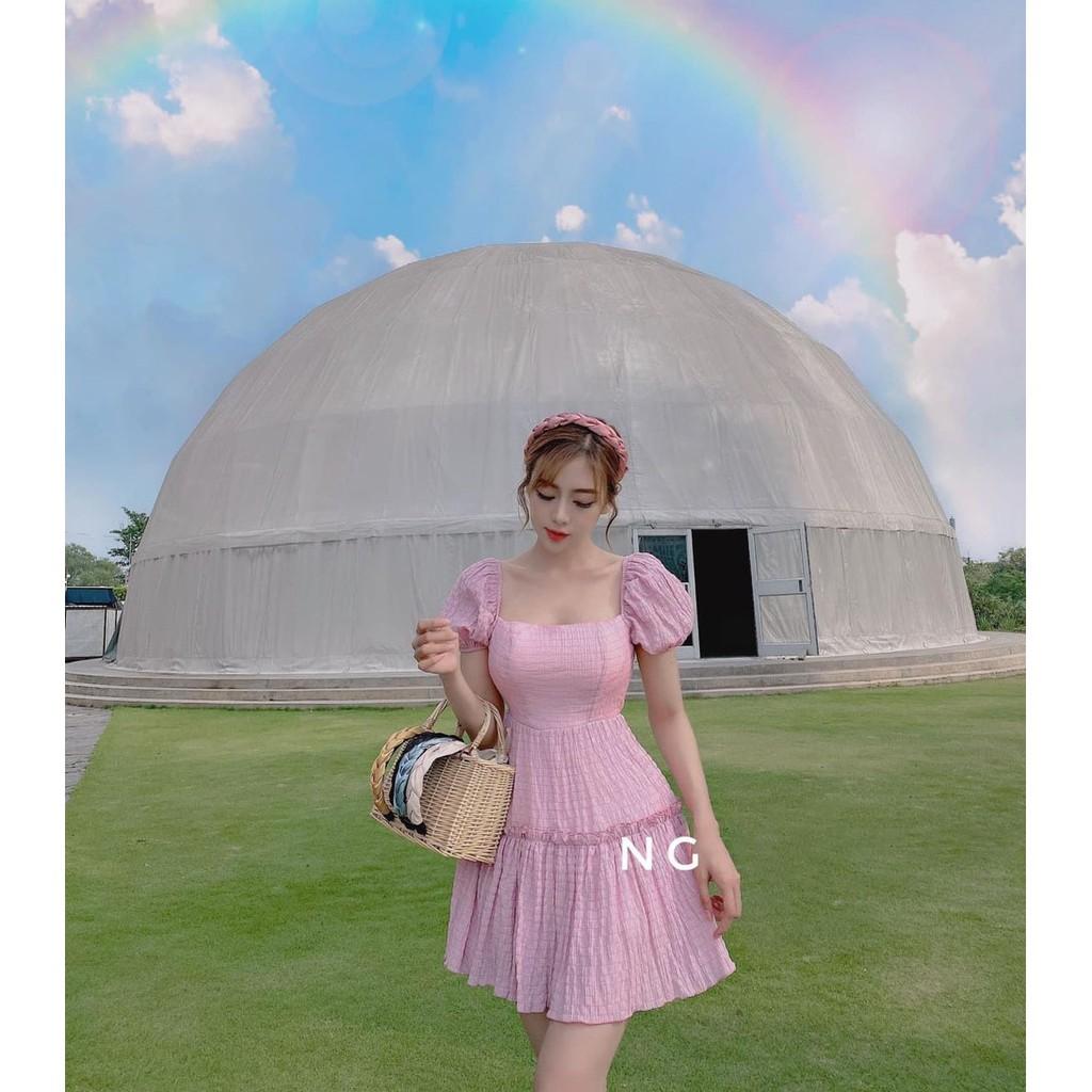 Đầm Xòe Tay Phồng Tùng Nhún Tầng Cột Dây Sau Lưng