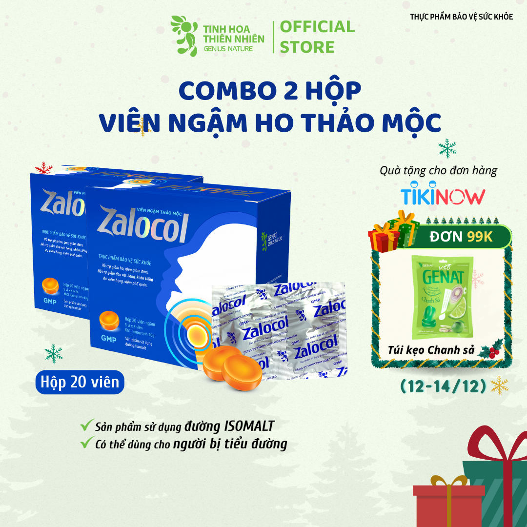 Combo 2 hộp 20 viên - Viên ngậm ho thảo mộc Zalocol Hỗ trợ giảm đờm, đau rát họng, khản tiếng - Genat - Giao 2H HCM