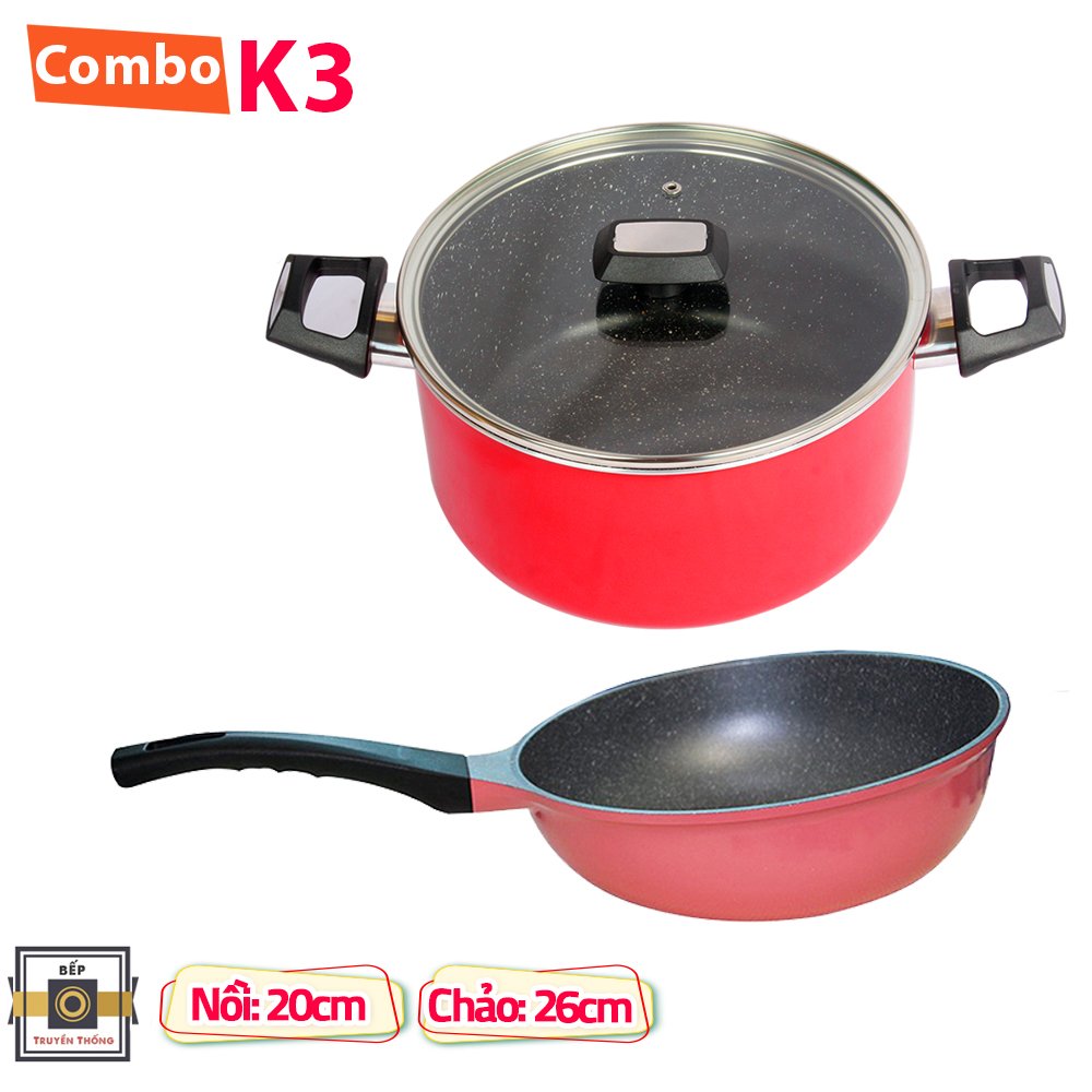 Combo 2 món cao cấp Hàn Quốc, nồi chống dính vân đá Kimscook, quai chống nóng, nắp kính cường lực viền inox size 20 cm và Chảo đúc chống dính vân đá Ecoramic sâu lòng 26 cm, dùng bếp gas, hồng ngoại, ...