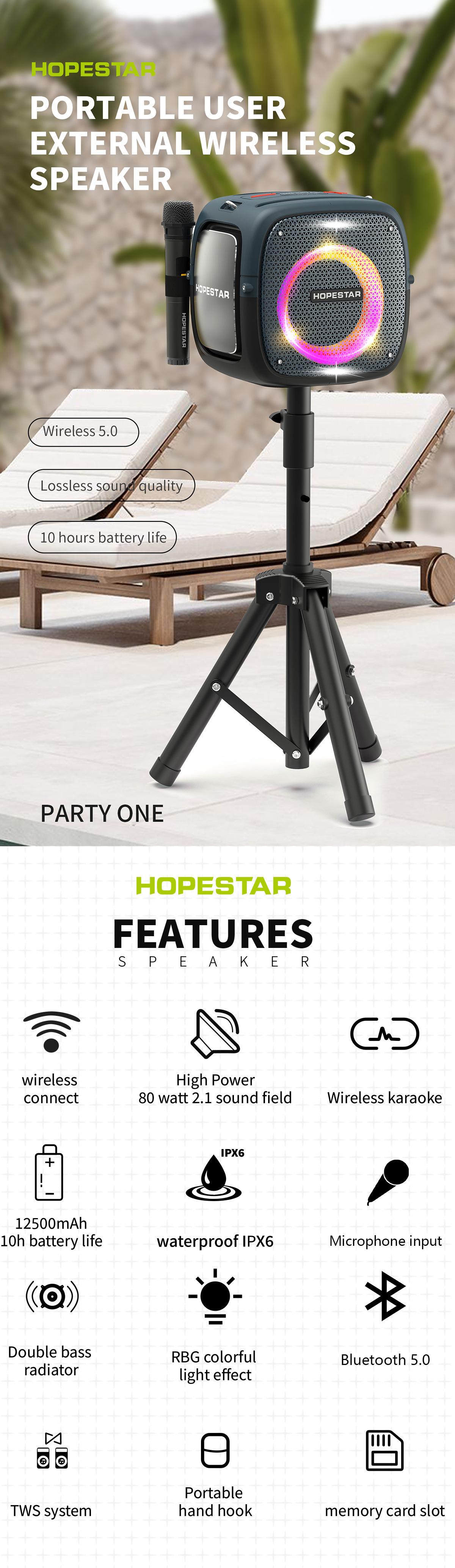 Hopestar-partyone caixa de som Loa Bluetooth ngoài trời loa siêu trầm công suất cao 80W âm thanh khiêu vũ vuông có micrô không dây Màu sắc: Đen