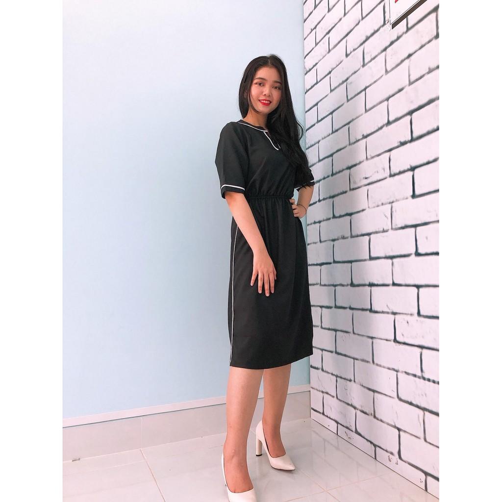 Đầm Suông Bo Eo, Cổ Áo Cách Điệu