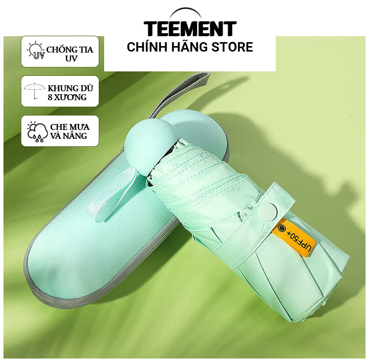 Ô Dù Gấp Gọn Mini Teement 19cm, Dù Che Mưa, Dù Chống Tia Uv Mini Siêu Gọn 8 Xương, Có Hộp Đựng Chống Sốc – Hàng Chính Hãng – Màu Xanh Rêu