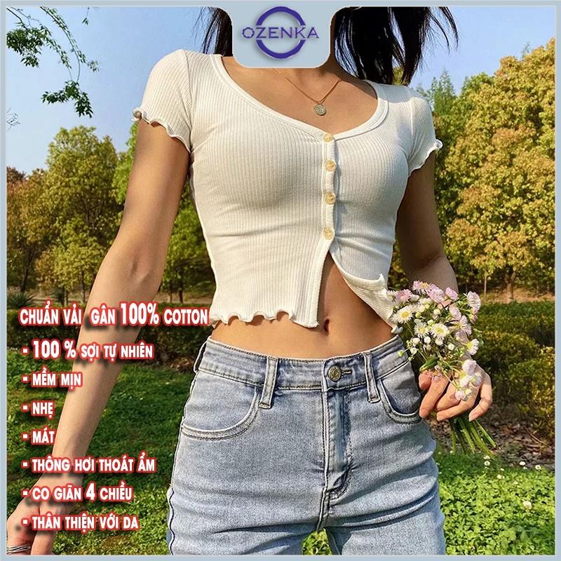 Áo croptop nữ kiểu ôm sexy cổ vuông cài khuy, áo crt ngắn tay đẹp thun gân 100% cotton màu đen trắng dưới 55 cân