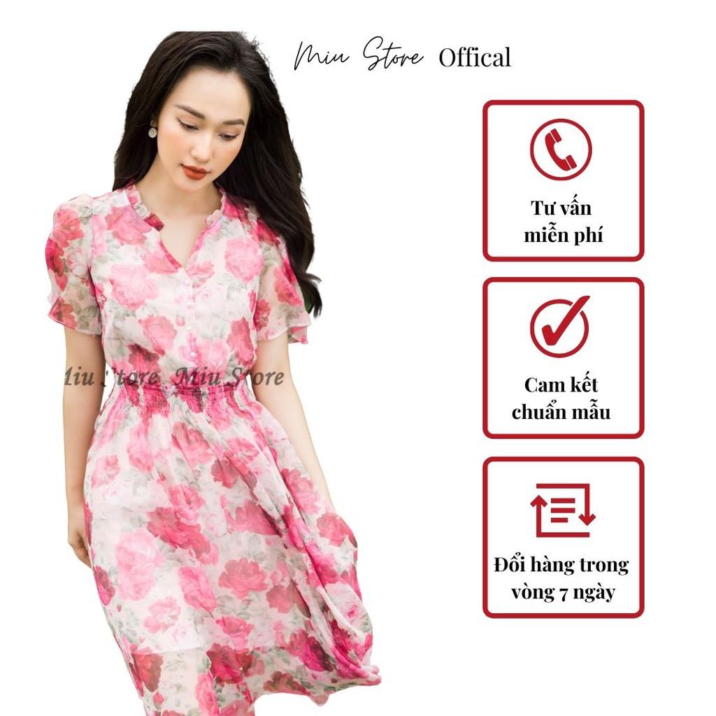Đầm hoa hồng eo thun ngắn tay dáng xòe A D00127