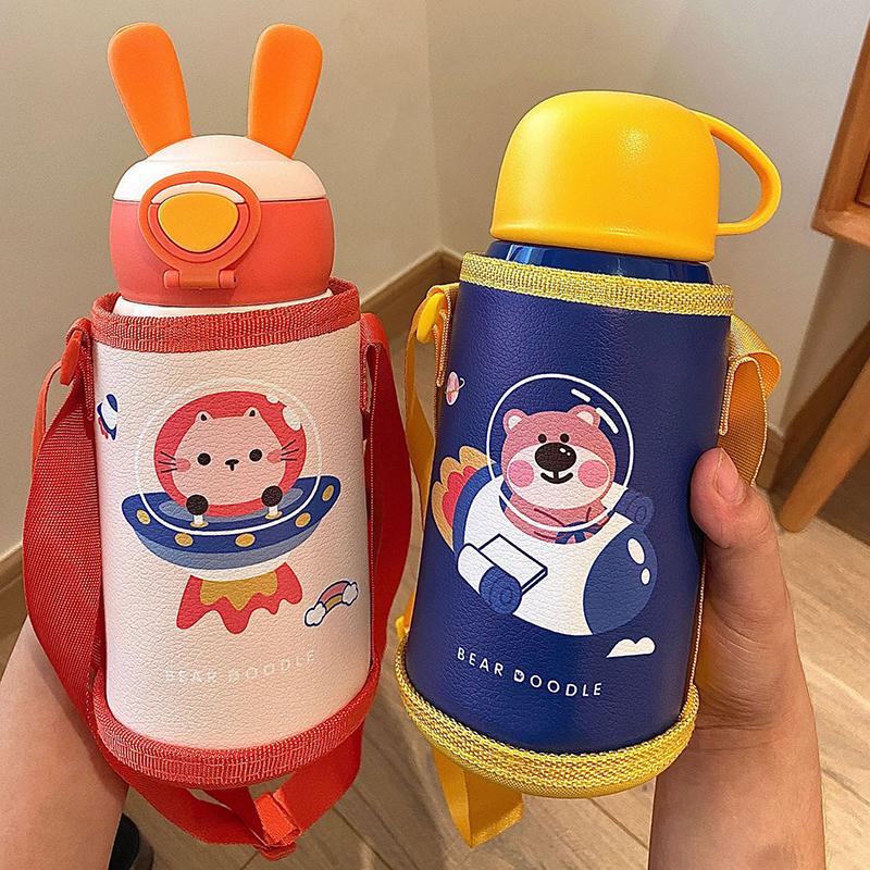 500 ML Thỏ Tai Trẻ Em Ống Hút Giữ Nhiệt Bình Sữa Di Động Thép Không Gỉ Nhiệt Cốc Cho Bé Học Uống Nước Với bao Da
