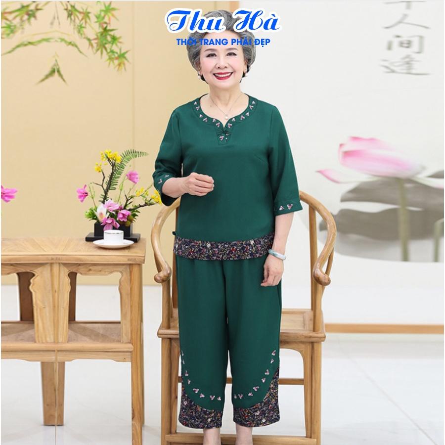 Đồ bộ mặc nhà tay lỡ cho mẹ quần áo trung niên Thu Hà họa tiết thêu hoa chất liệu cotton co giãn form thoải mái ĐBH.21