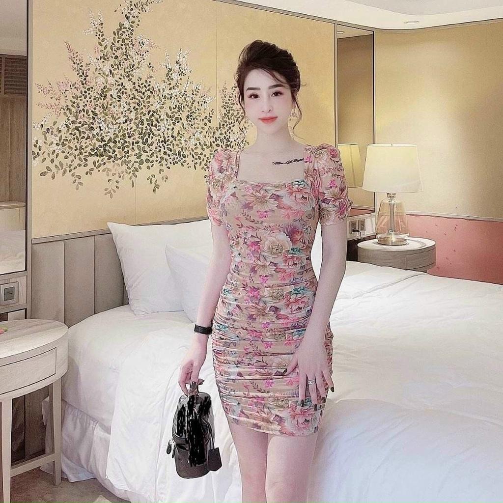 Đầm body nhún xếp ly hoạ tiết hoa sang chảnh