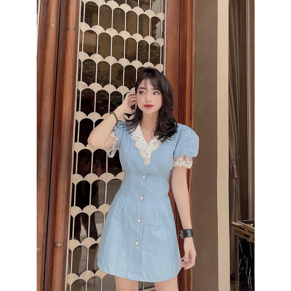 Đầm jean mix ren trắng xinh