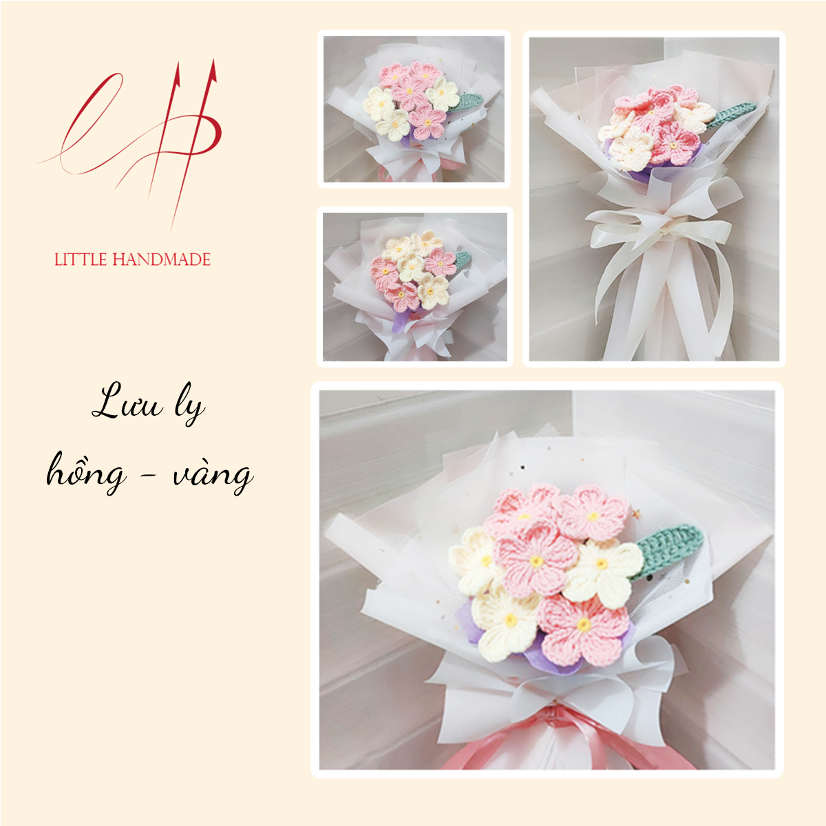 [Ảnh thật - Có sẵn] Hoa lưu ly hồng - vàng 7 bông bằng len handmade