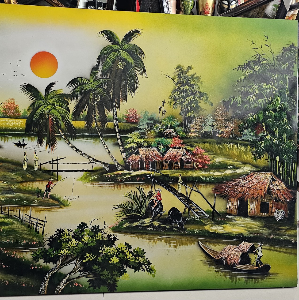 Tranh sơn mài cảnh làng quê Việt Nam, cảnh đồng quê 80x160 cm