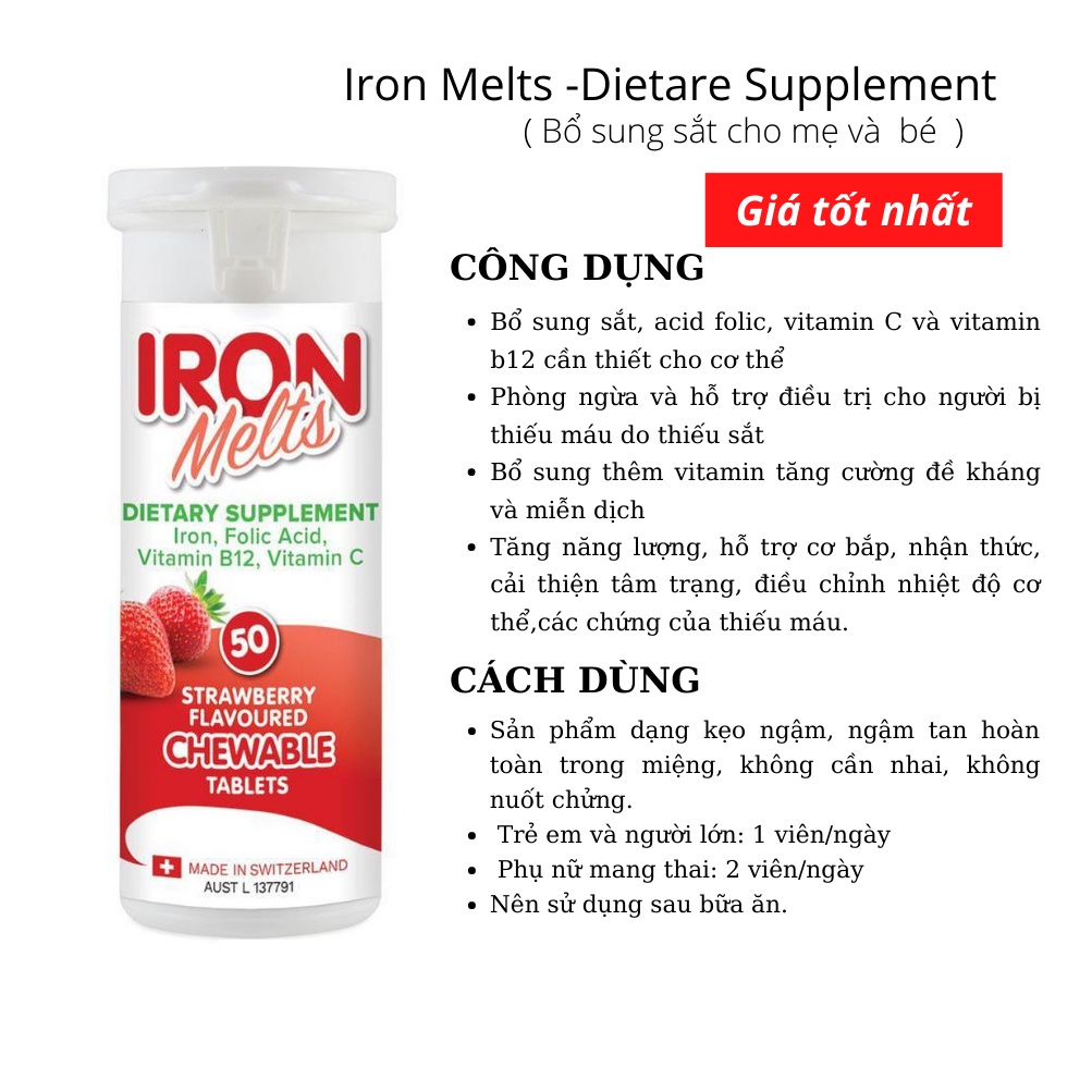 Viên sắt ngậm vị dâu Iron Melts Chewable, Úc (50v) bổ sung sắt cho bé từ 4 tuổi trở lên, mẹ bầu và mẹ sau sinh