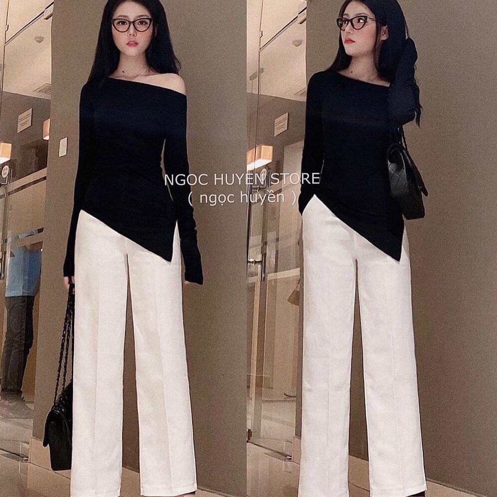 Set lệch quần suông kèm ảnh thật sàn shop chụpđi chơi đi tiệc đám cưới, du lịch sang chảnh cao cấp PVC - Áo Trắng Quần Đen