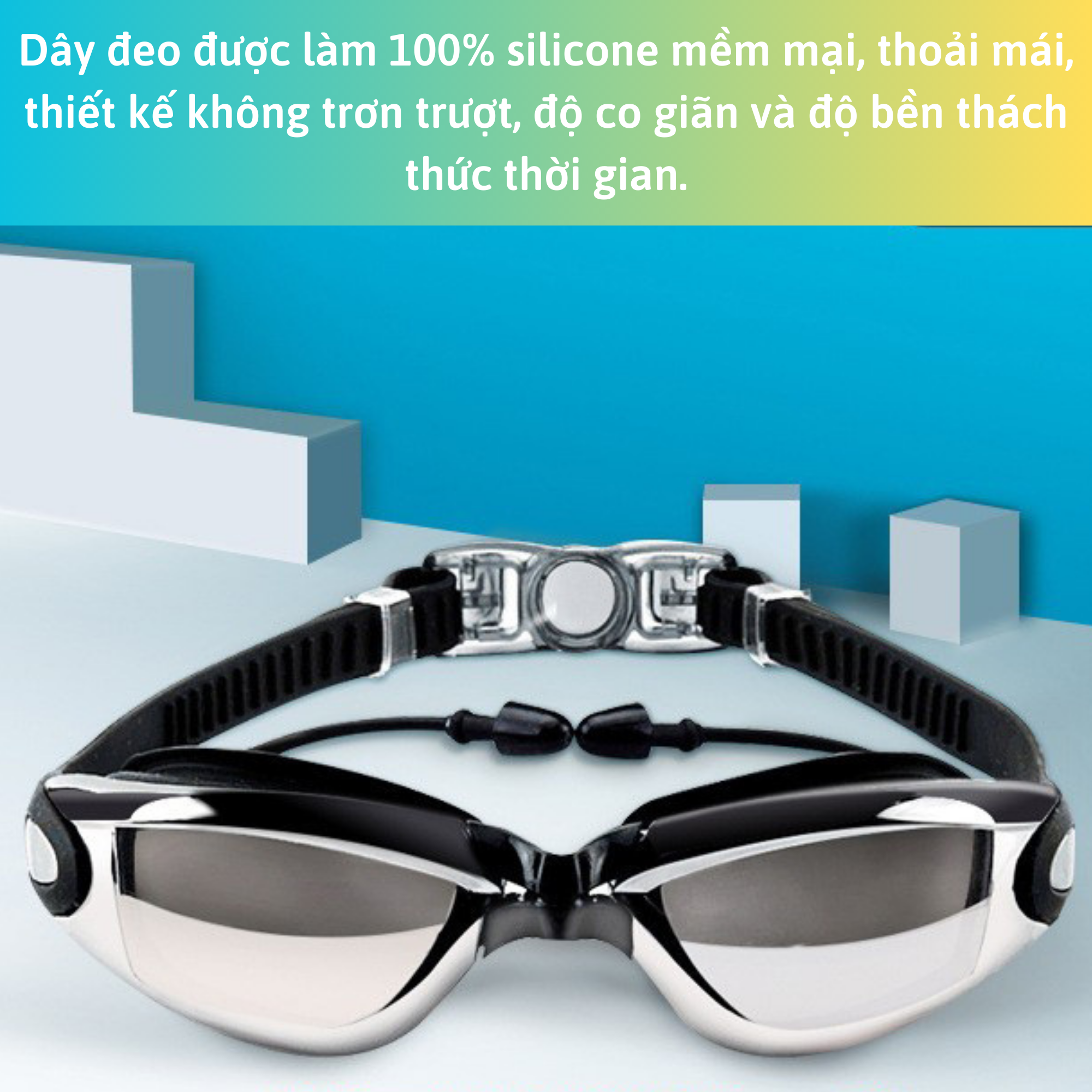 Kính Bơi Tráng Gương kèm bịt tai cao cấp VinBuy chống sương mù, chống tia UV Hàng chính hãng - Tặng kèm nón bơi Silicon