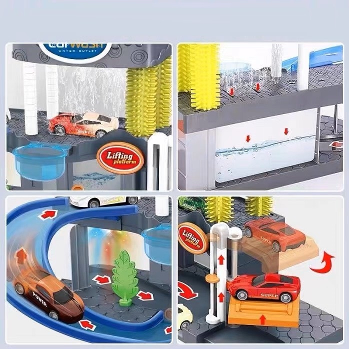 Ô tô đồ chơi mô hình trạm rửa xe kèm 3 xe mini kim loại đổi màu khi gặp nước cho bé trai, quà tặng sinh nhật cho bé