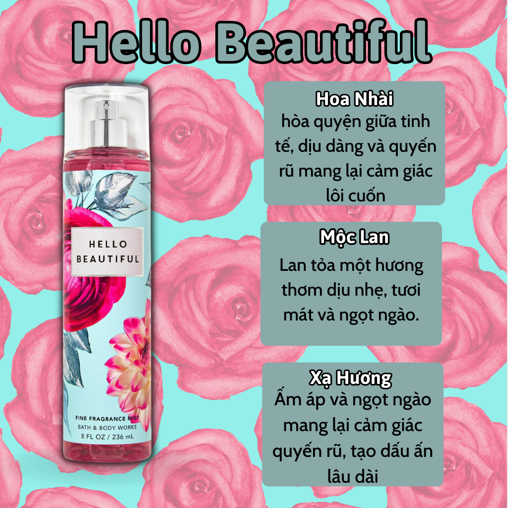 Body Mist Bath And Body Works Nam Nữ Chính Hãng Hello Beautiful, Xịt Thơm Body Toàn Thân Hương Nước Hoa 236ml