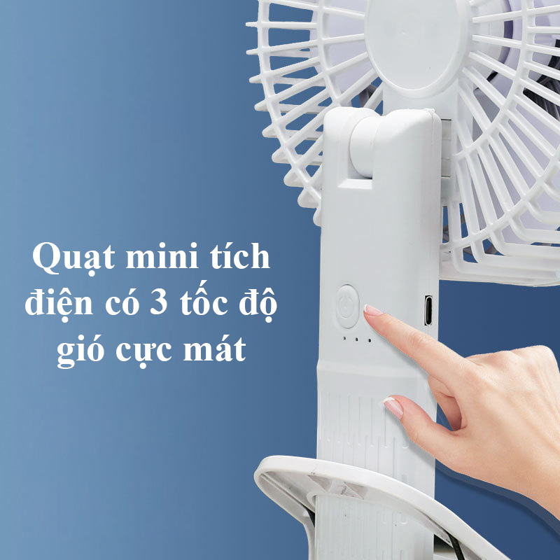 Quạt tích điện Super 4.5W dùng pin sạc. Quạt mini tích điện cầm tay đa năng có thể để bàn, treo tường hay kẹp bàn làm việc. Pin trâu