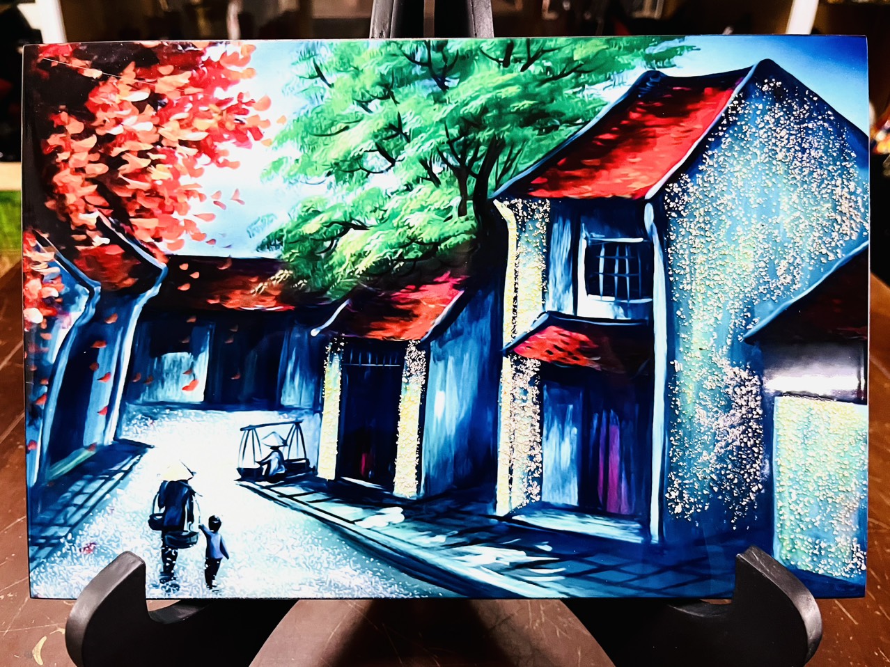 Tranh sơn mài phố cổ vẽ màu cẩn trứng đẹp Thanh Bình Lê size 20x30 cm