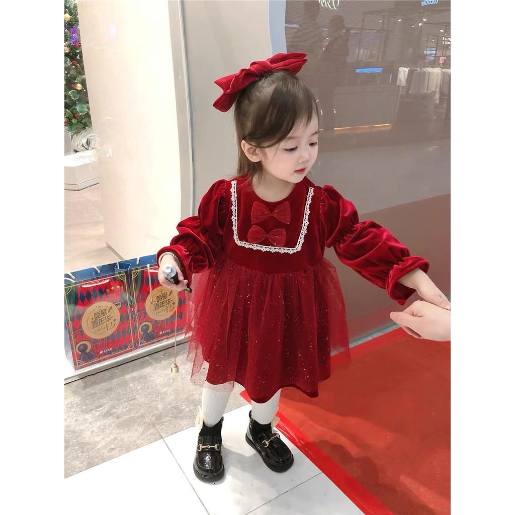 Váy nhung đỏ 2 nơ chân váy kim sa bé gái