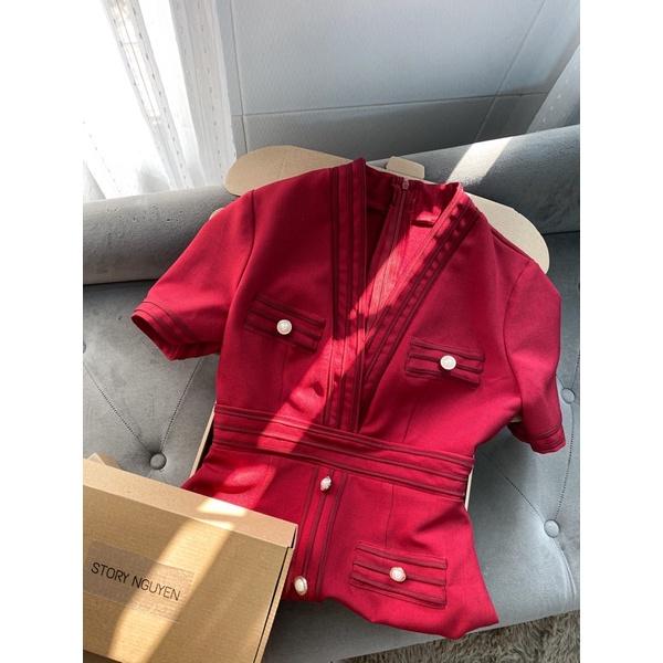 Heris Dress | Đầm body tay ngắn viền phối nút Story.clothes thời trang nữ Tết xinh