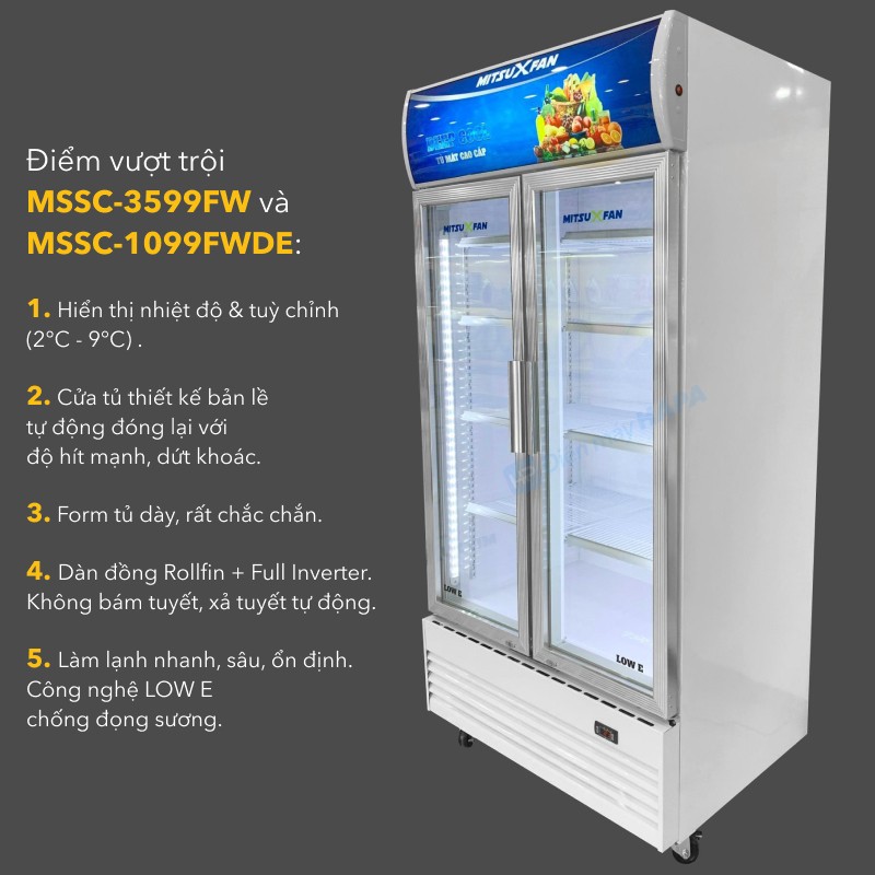 Tủ Mát 2 Cửa Cao Cấp MITSUXFAN MSSC-1099FWDE 1050 Lít, Inverter Siêu Tiết Kiệm Điện, Kính Cường Lực Kép, ROLLFIN 100% Đồng, Tủ Mát Đôi  Công Nghệ LOW-E Không Bám Tuyết, Không Đọng Sương, MSSC1099FWDE - Giao Miễn Phí TP.HCM &amp; Lân Cận, Hàng Chính Hãng