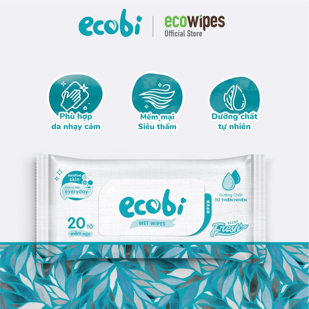 Combo 03 gói khăn ướt Ecobi gói 20 tờ không mùi không cồn không paraben an toàn cho da của bé