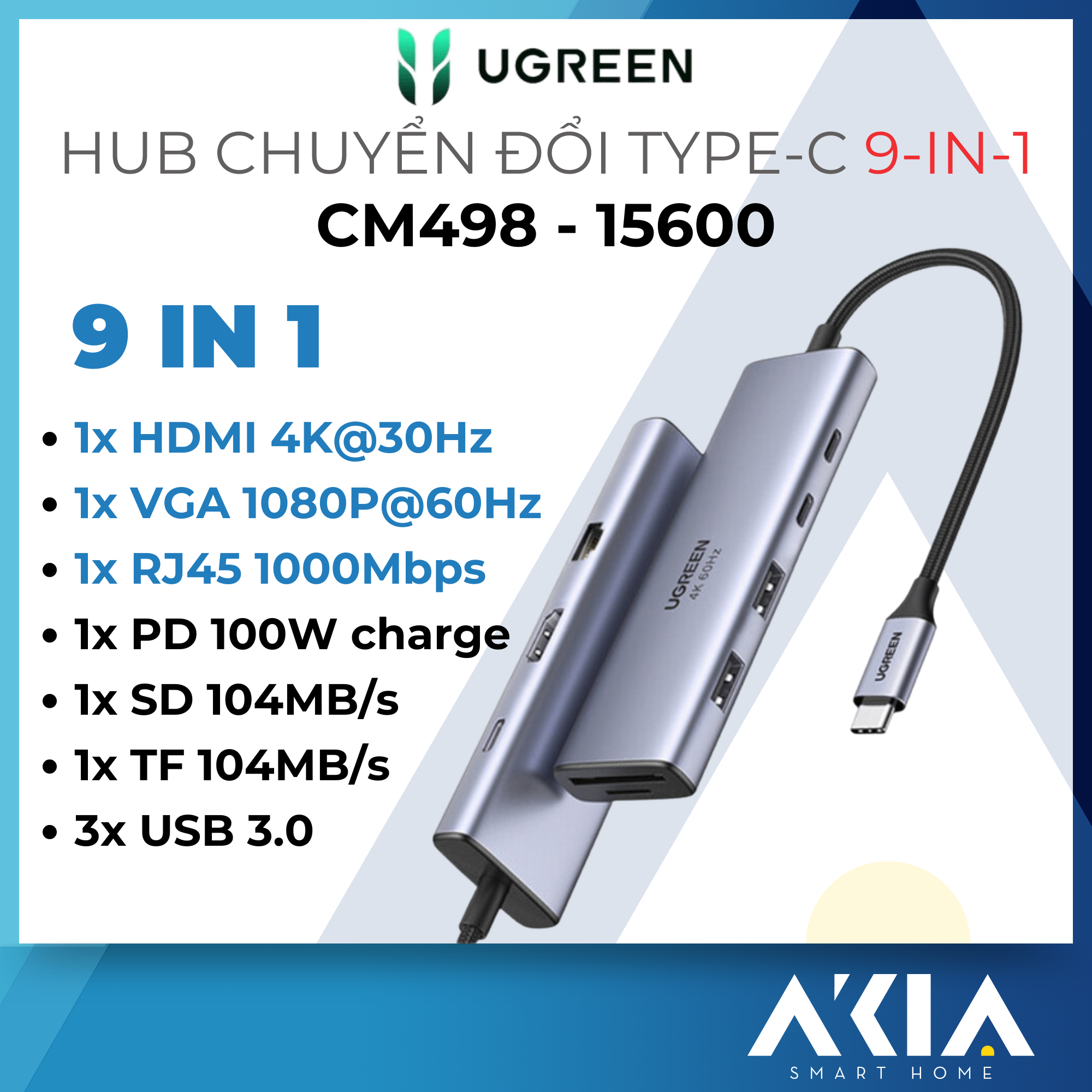 Hub Ugreen USB Type-C 9in1 CM490 - Có cổng HDMI 4K, Hỗ trợ sạc PD - 15600 / 90119 - HÀNG CHÍNH HÃNG