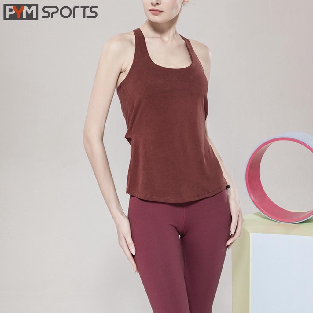 Áo tanktop mặc tập gym - tập yoga PYM SPORT - PYMTT009 liền bra đan dây lưng, 4 màu đen, cam đất, đỏ mận, tím