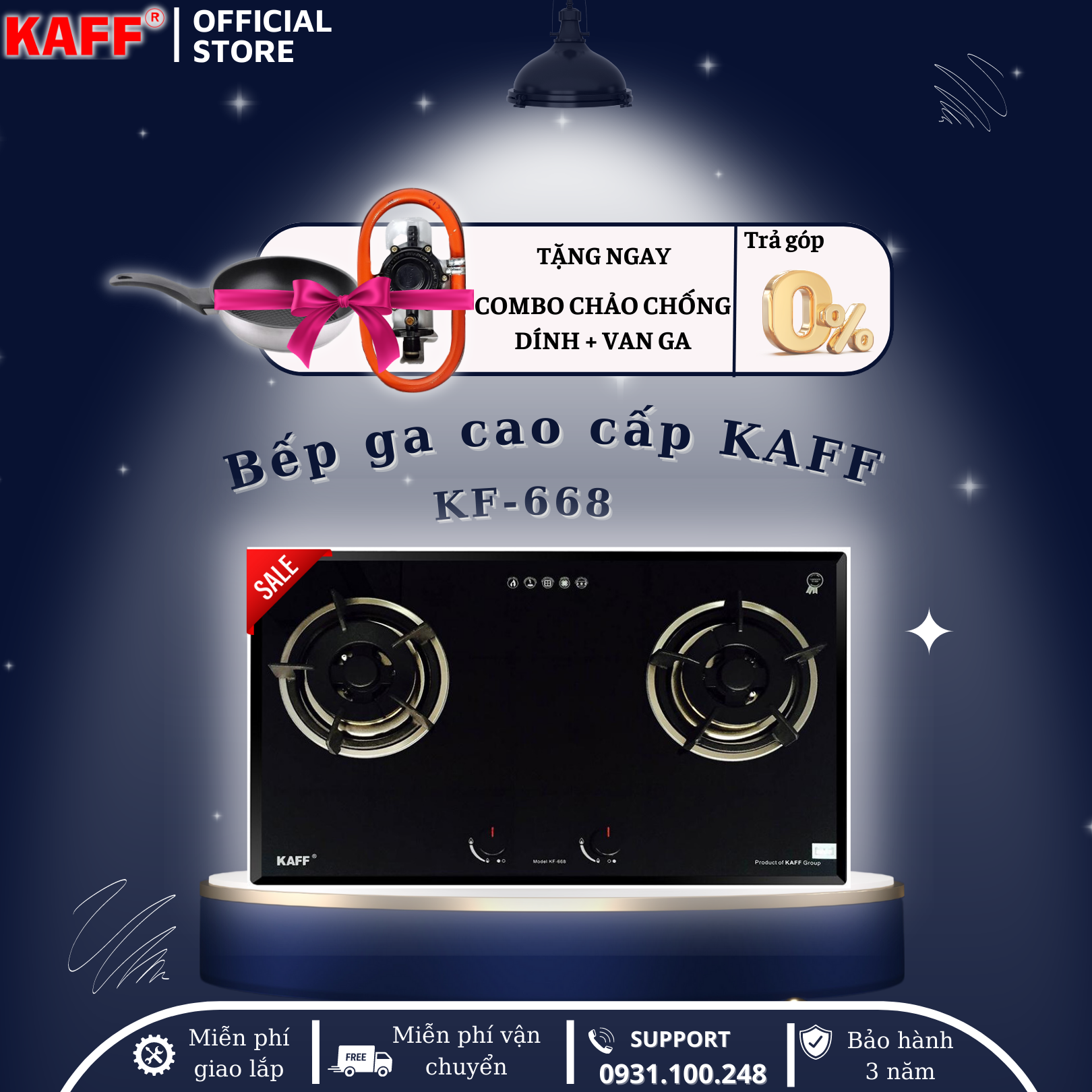 Bộ Bếp ga âm KAFF KF-668 bao gồm: Bếp ga + chảo chống dính cao cấp + bộ van ga - Hàng chính hãng