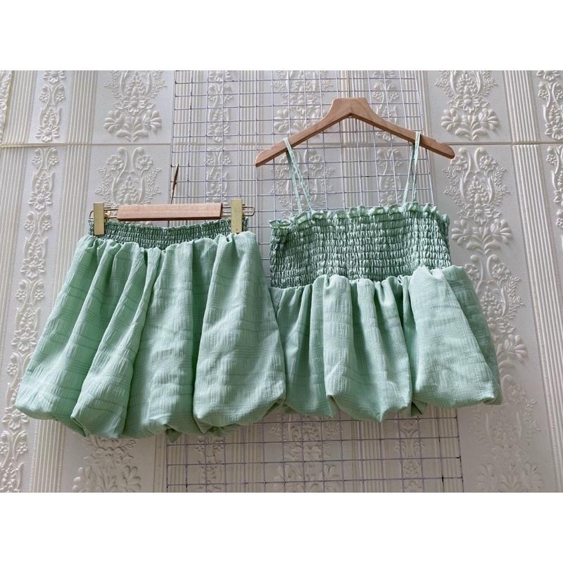 Set áo bí hai dây quần ngắn dạo phố mặc nhà siêu dễ thương