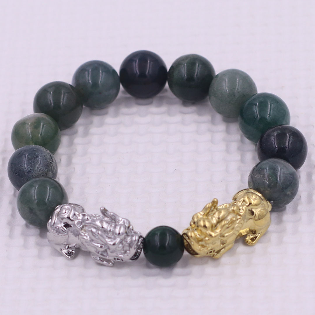 Vòng chuỗi đeo tay đá cẩm thạch xanh đậm 12 ly charm tỳ hưu đôi inox trắng và vàng, vòng chuỗi phong thủy, charm tỳ hưu, vòng tay hạt chuỗi