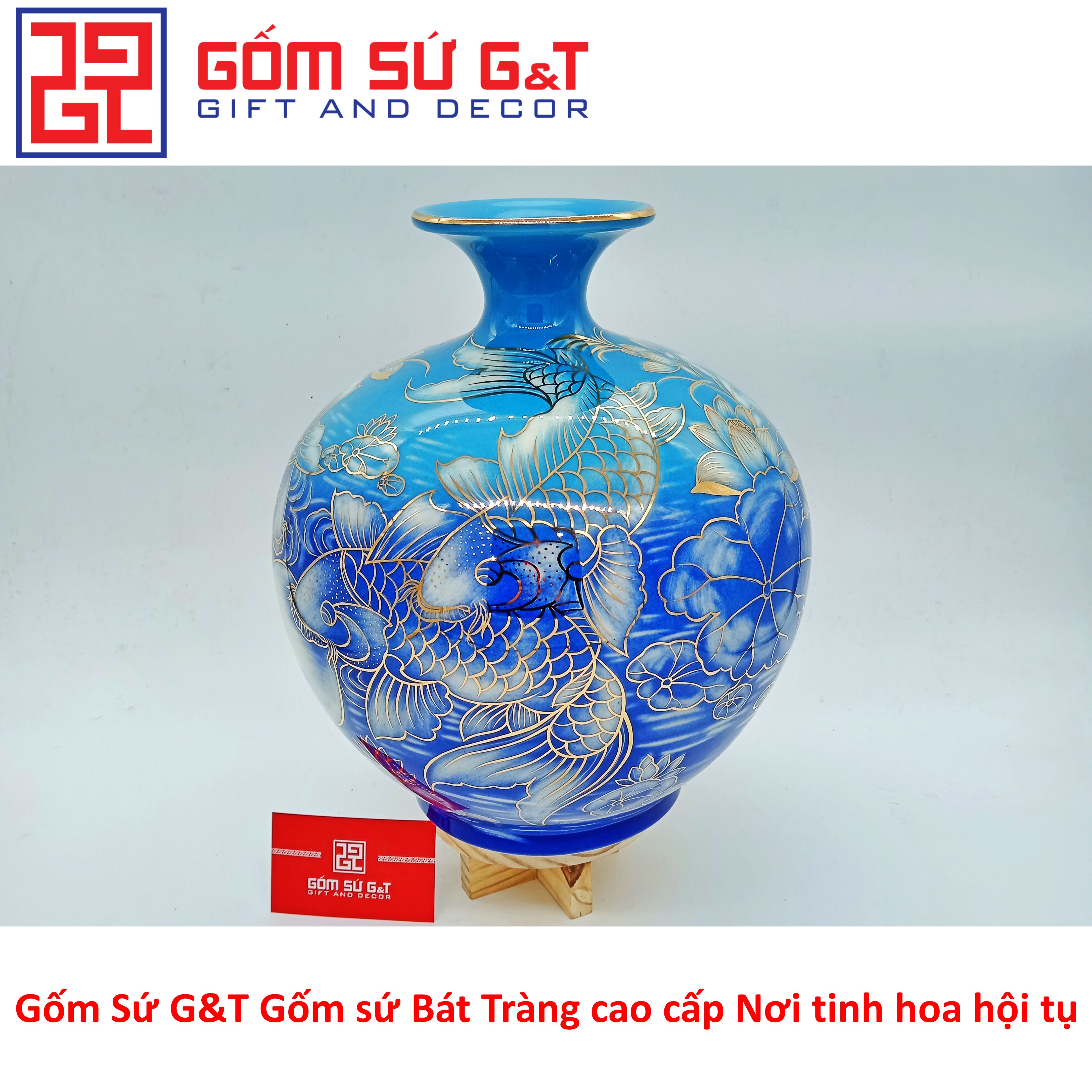 Bóng hút tài lộc cá chép trông trăng vẽ vàng kim Gốm Sứ G&amp;T
