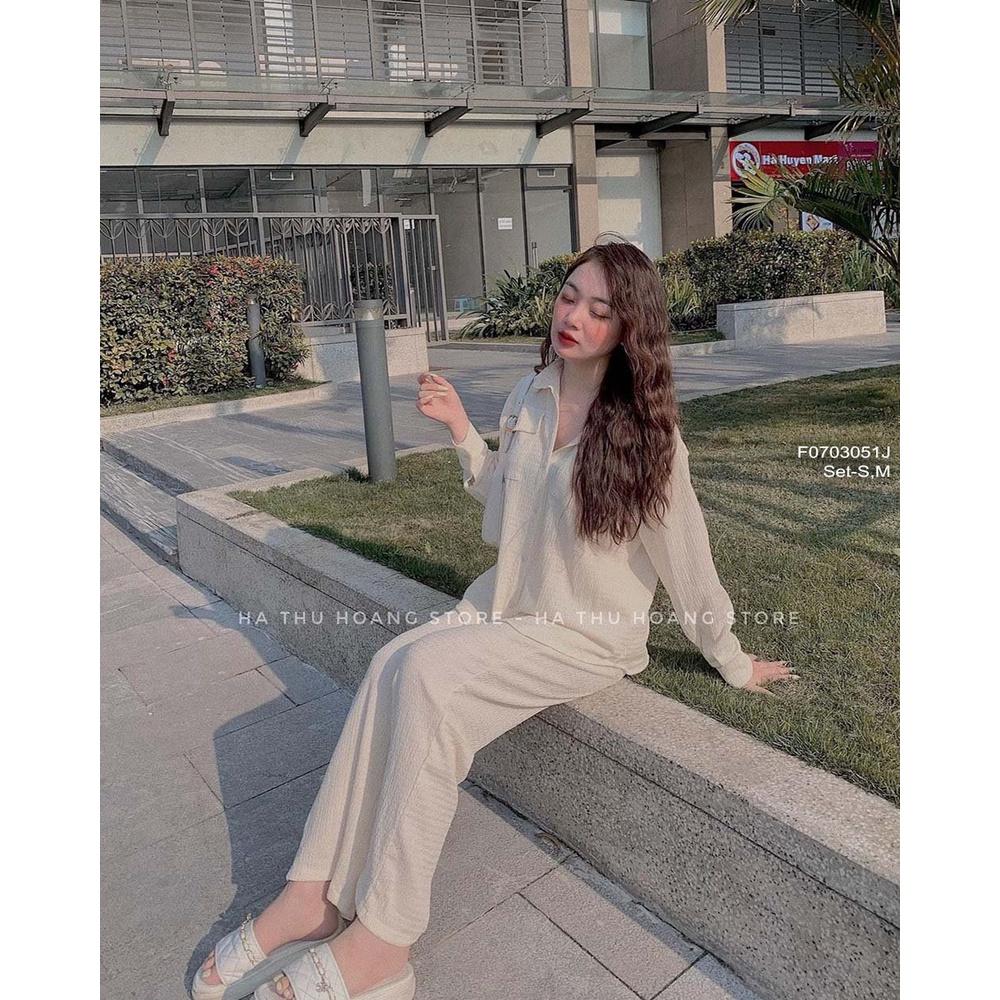 Set đũi áo sơ mi tay dài phối quần suông